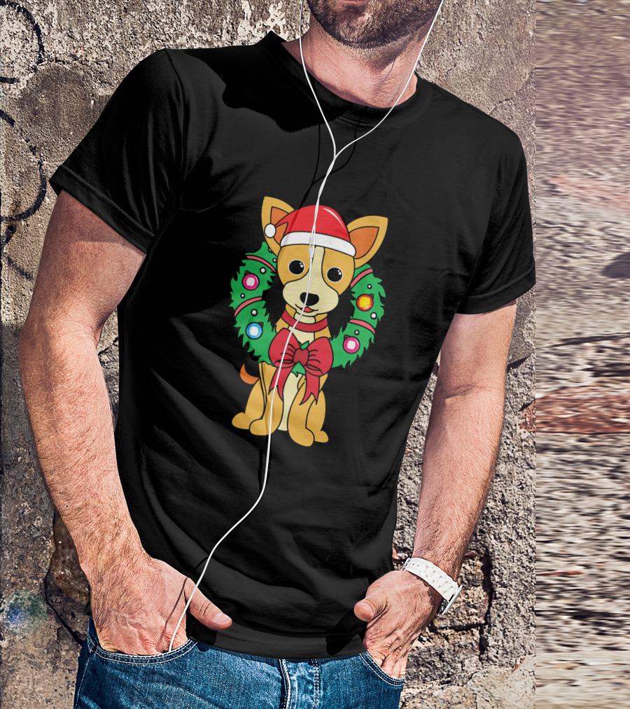 Chihuahua Santa Hat With Festive Christmas Wreath Bow T-Shirt