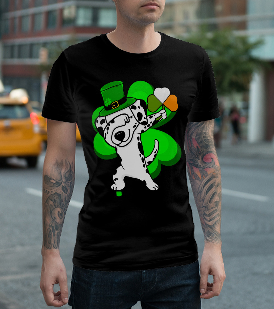 Dalmatian Dabbing Leprechaun With Shamrock And Irish Flag Colors T-Shirt
