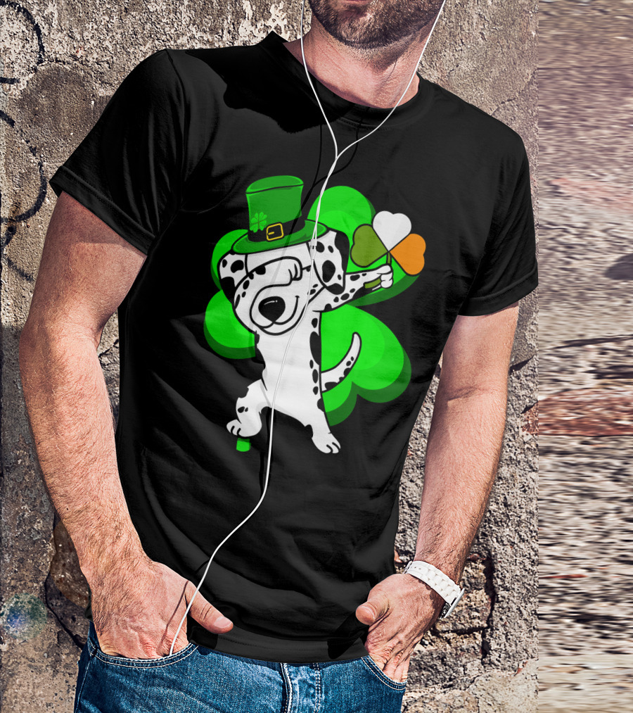 Dalmatian Dabbing Leprechaun With Shamrock And Irish Flag Colors T-Shirt