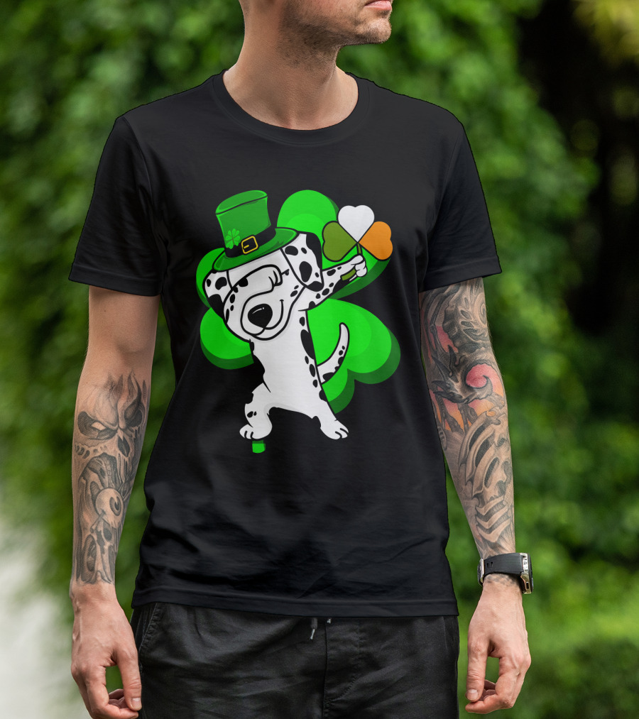 Dalmatian Dabbing Leprechaun With Shamrock And Irish Flag Colors T-Shirt