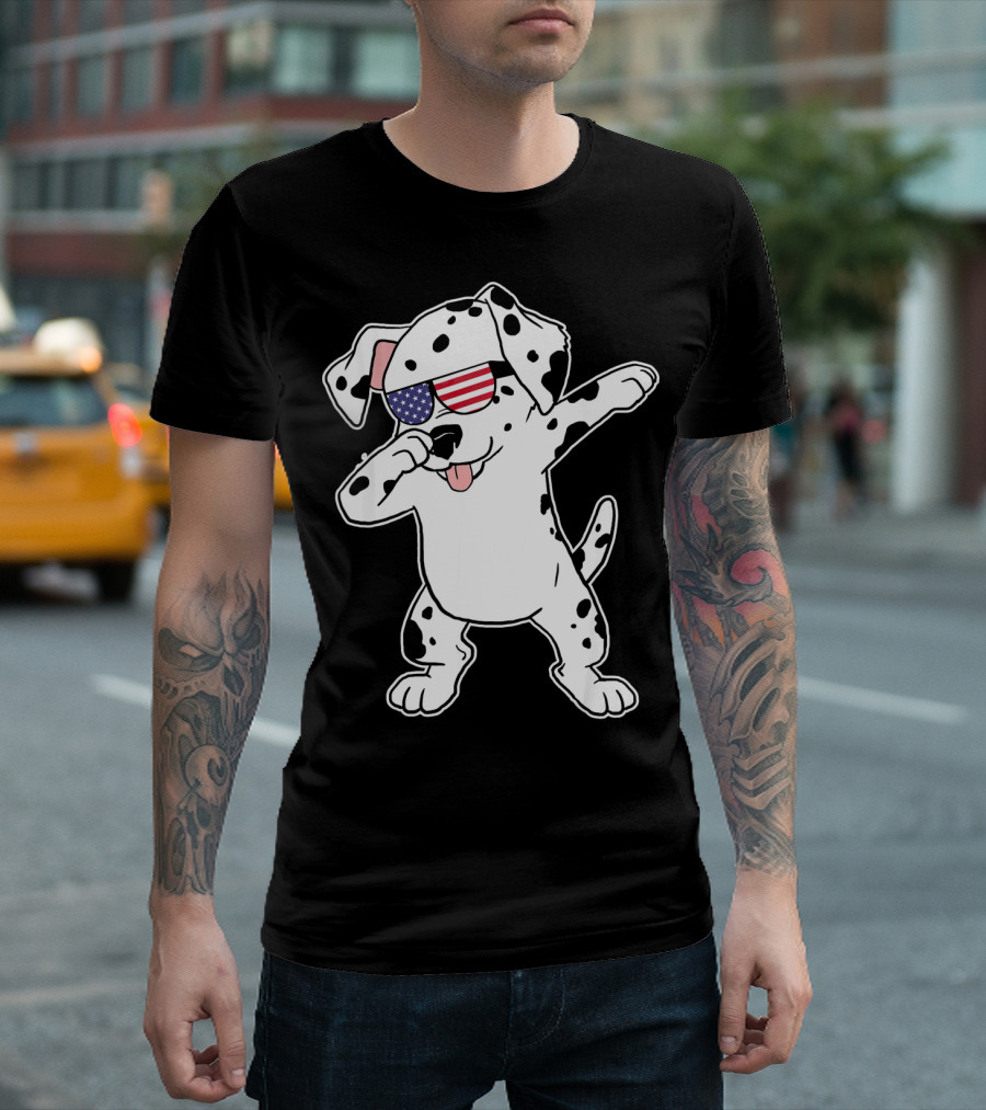 Dalmatian Dabbing Patriotic Sunglasses American 4th July T-Shirt