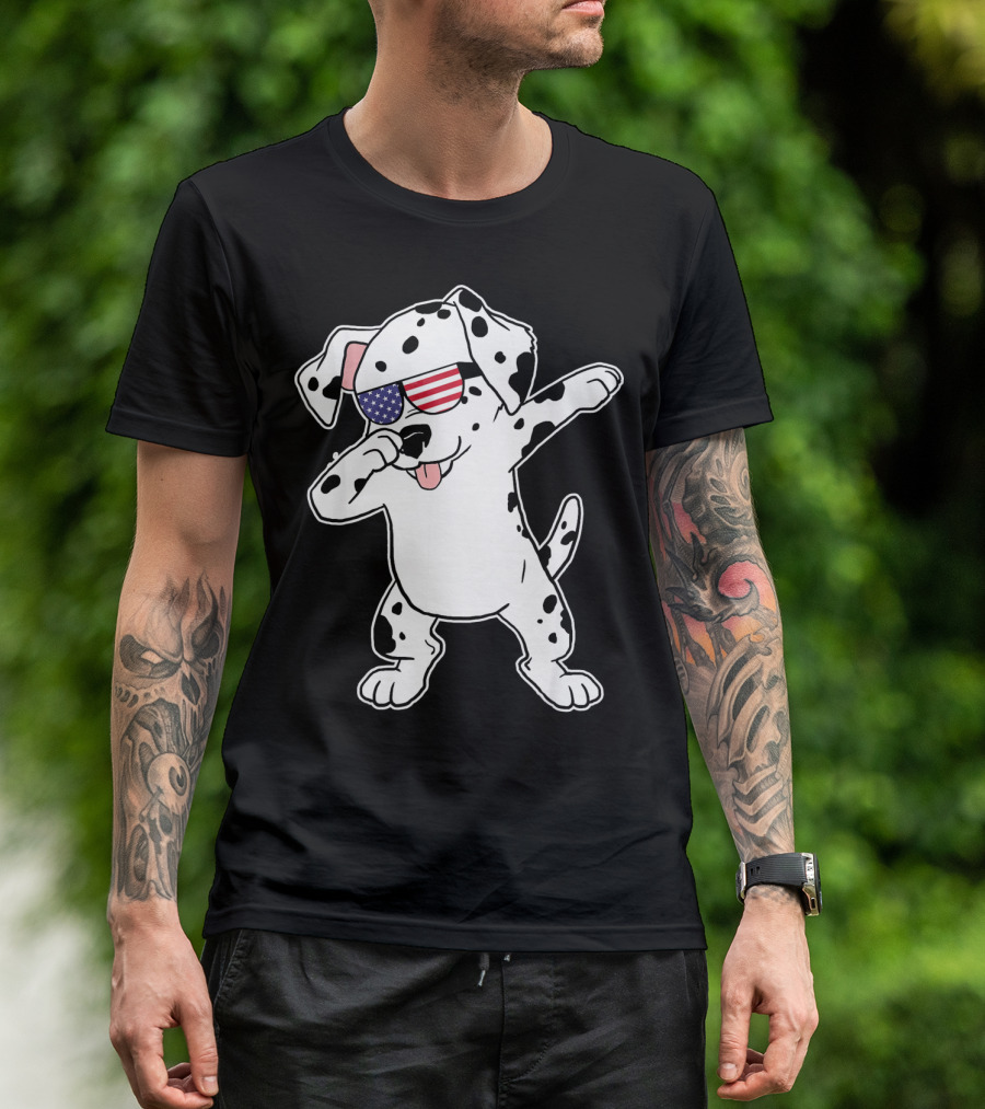 Dalmatian Dabbing Patriotic Sunglasses American 4th July T-Shirt