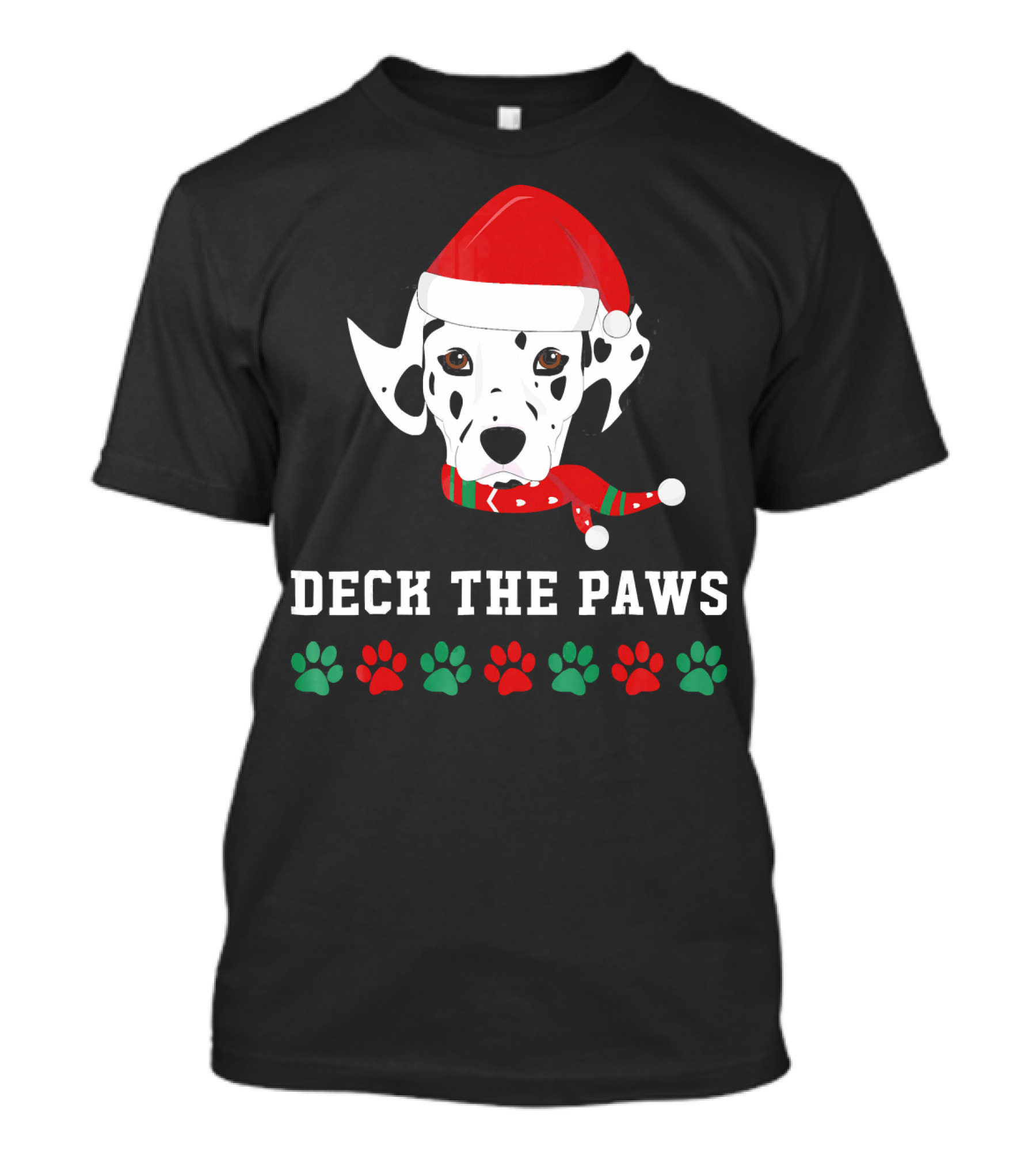 Christmas Dalmatian Deck The Paws Santa Hat And Scarf With Paw Prints T-Shirt