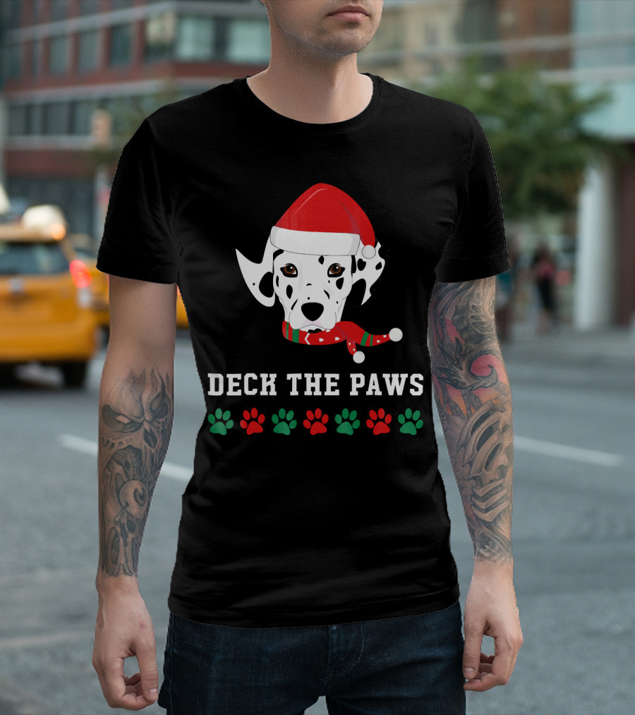 Christmas Dalmatian Deck The Paws Santa Hat And Scarf With Paw Prints T-Shirt