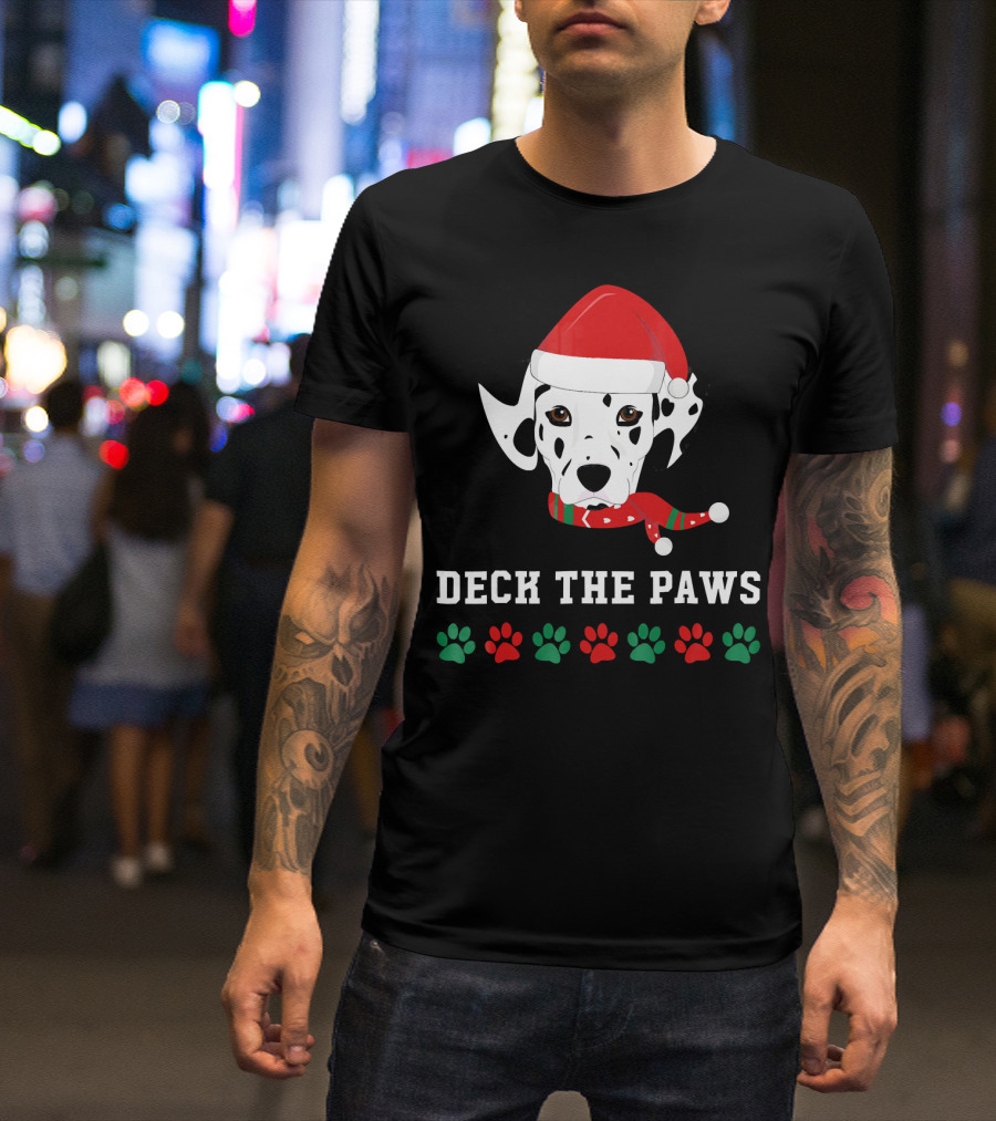 Christmas Dalmatian Deck The Paws Santa Hat And Scarf With Paw Prints T-Shirt