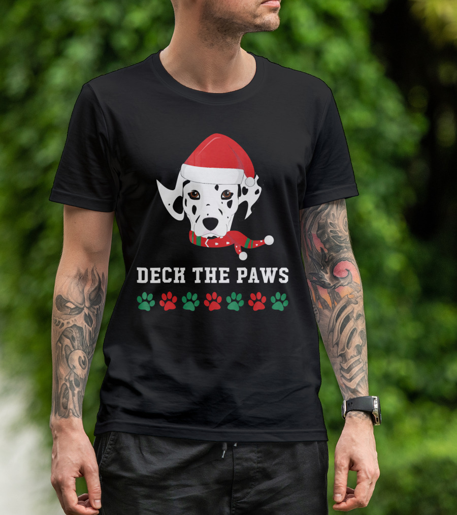 Christmas Dalmatian Deck The Paws Santa Hat And Scarf With Paw Prints T-Shirt