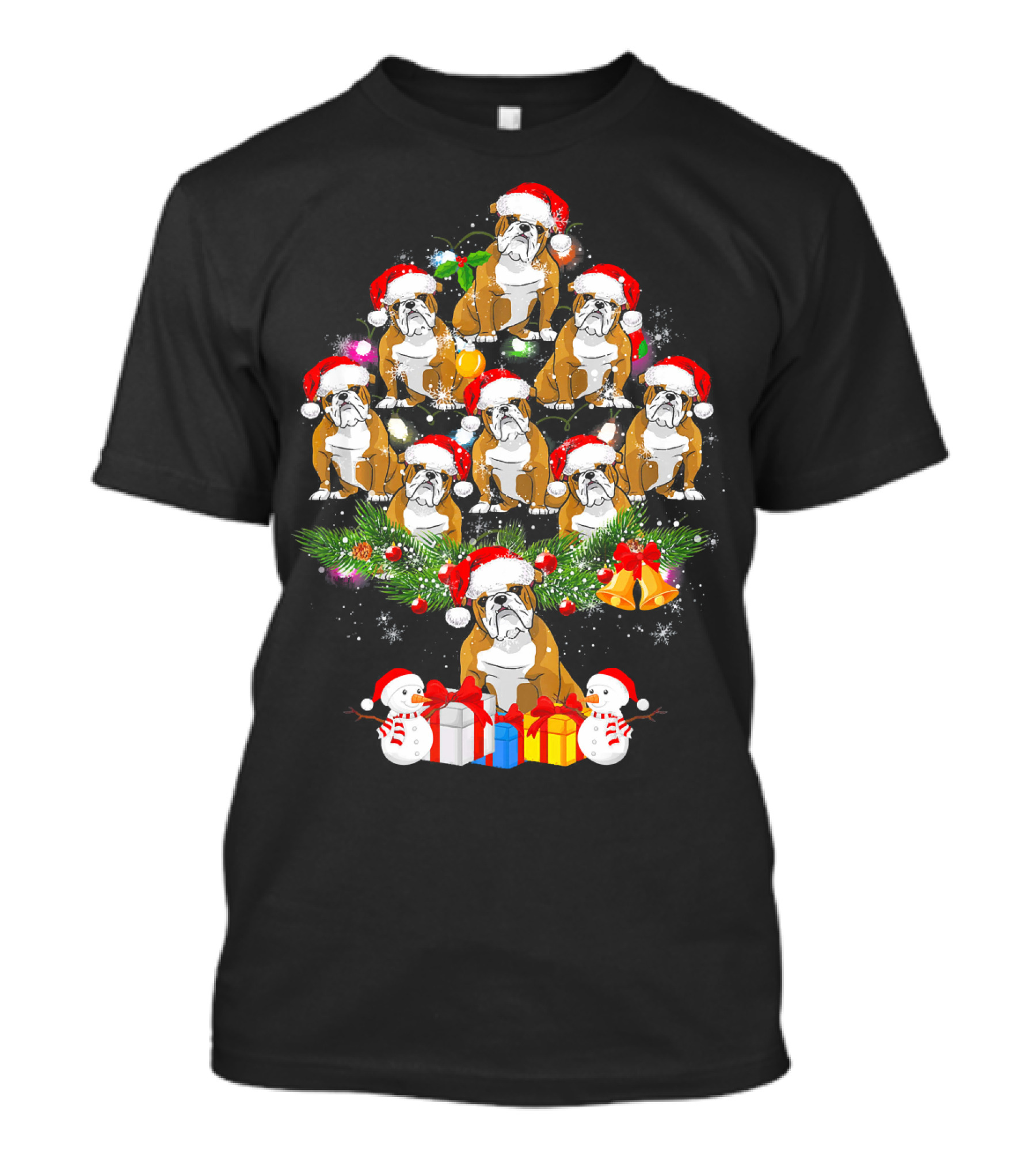 English Bulldog Christmas Tree Holiday Celebration Snowman Presents T-Shirt