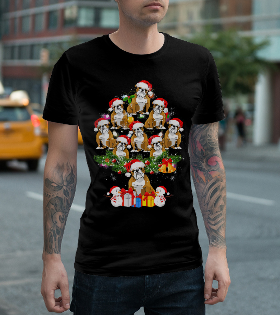 English Bulldog Christmas Tree Holiday Celebration Snowman Presents T-Shirt
