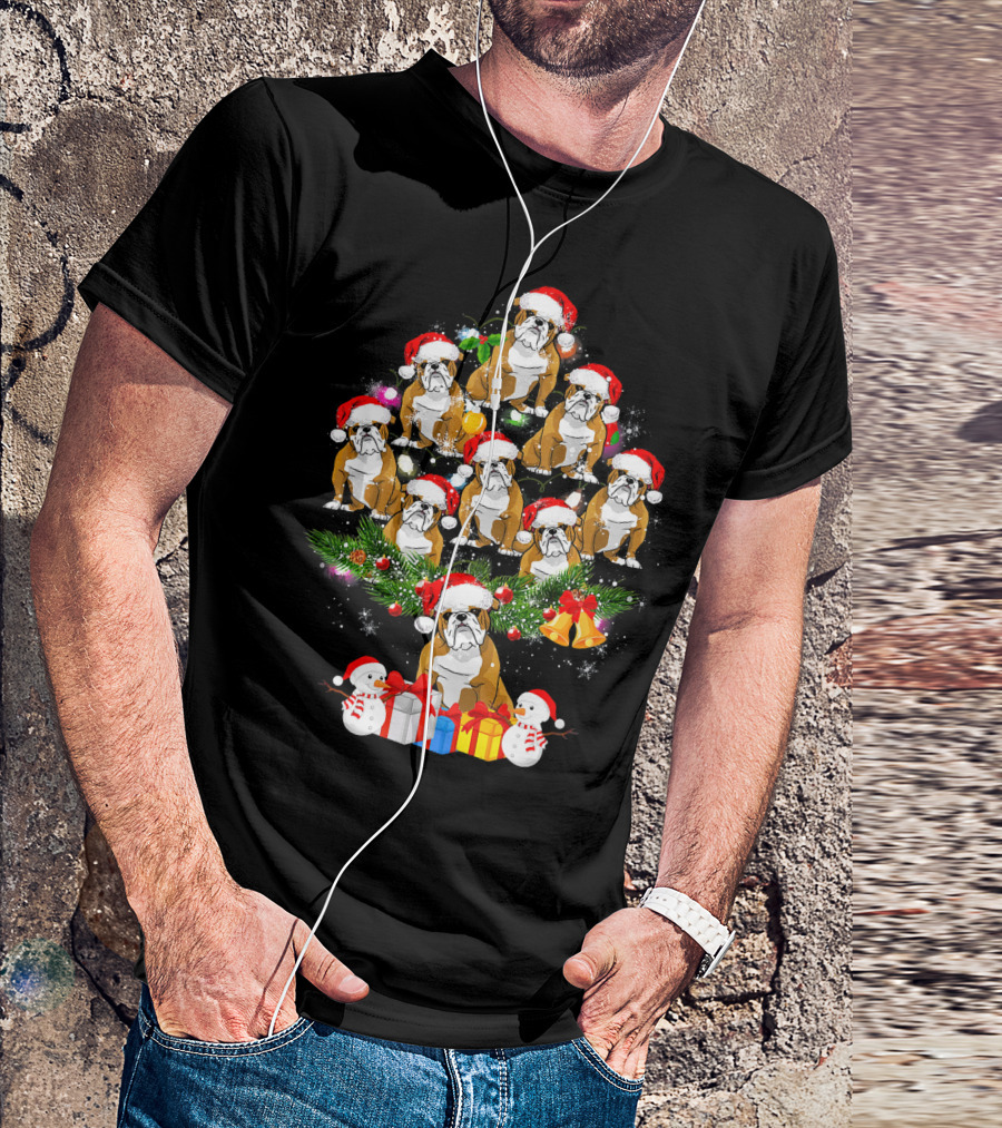 English Bulldog Christmas Tree Holiday Celebration Snowman Presents T-Shirt