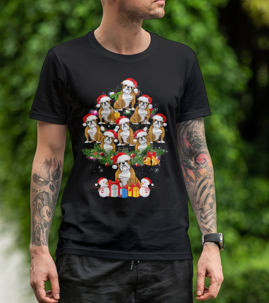 English Bulldog Christmas Tree Holiday Celebration Snowman Presents T-Shirt