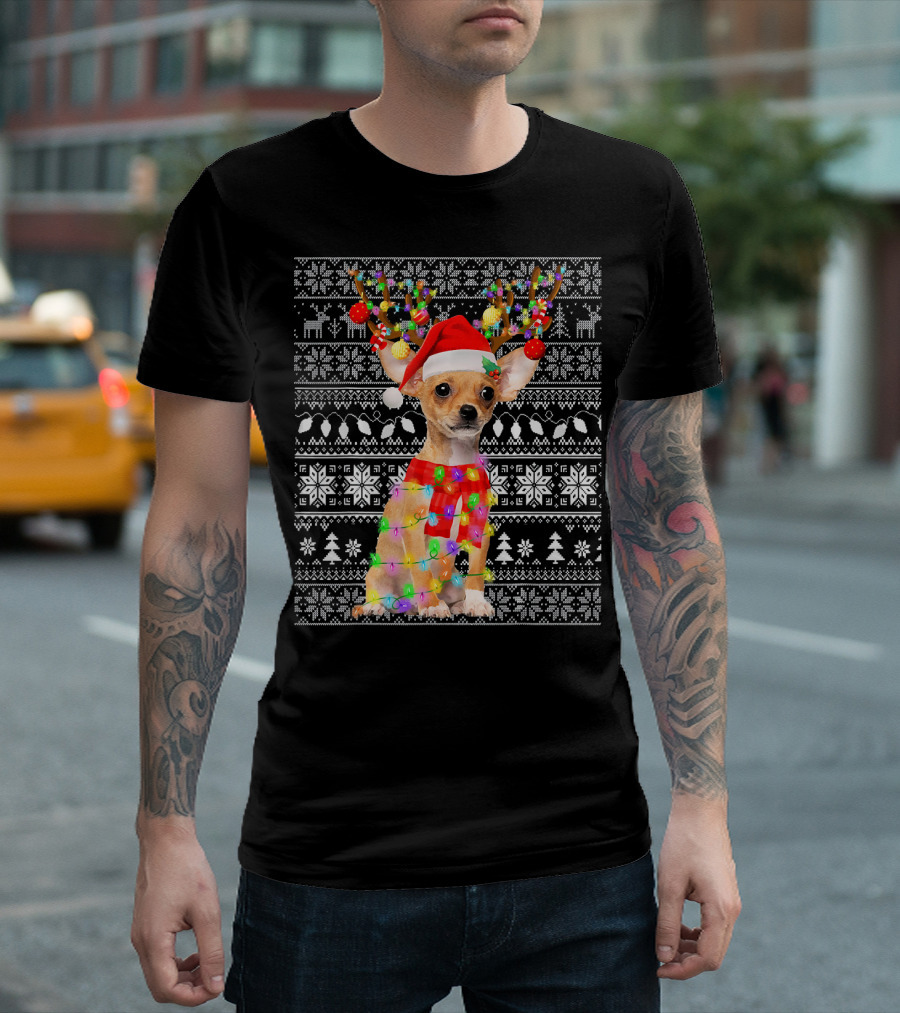 Funny Ugly Christmas Chihuahua Santa Lights Antlers Black T-Shirt