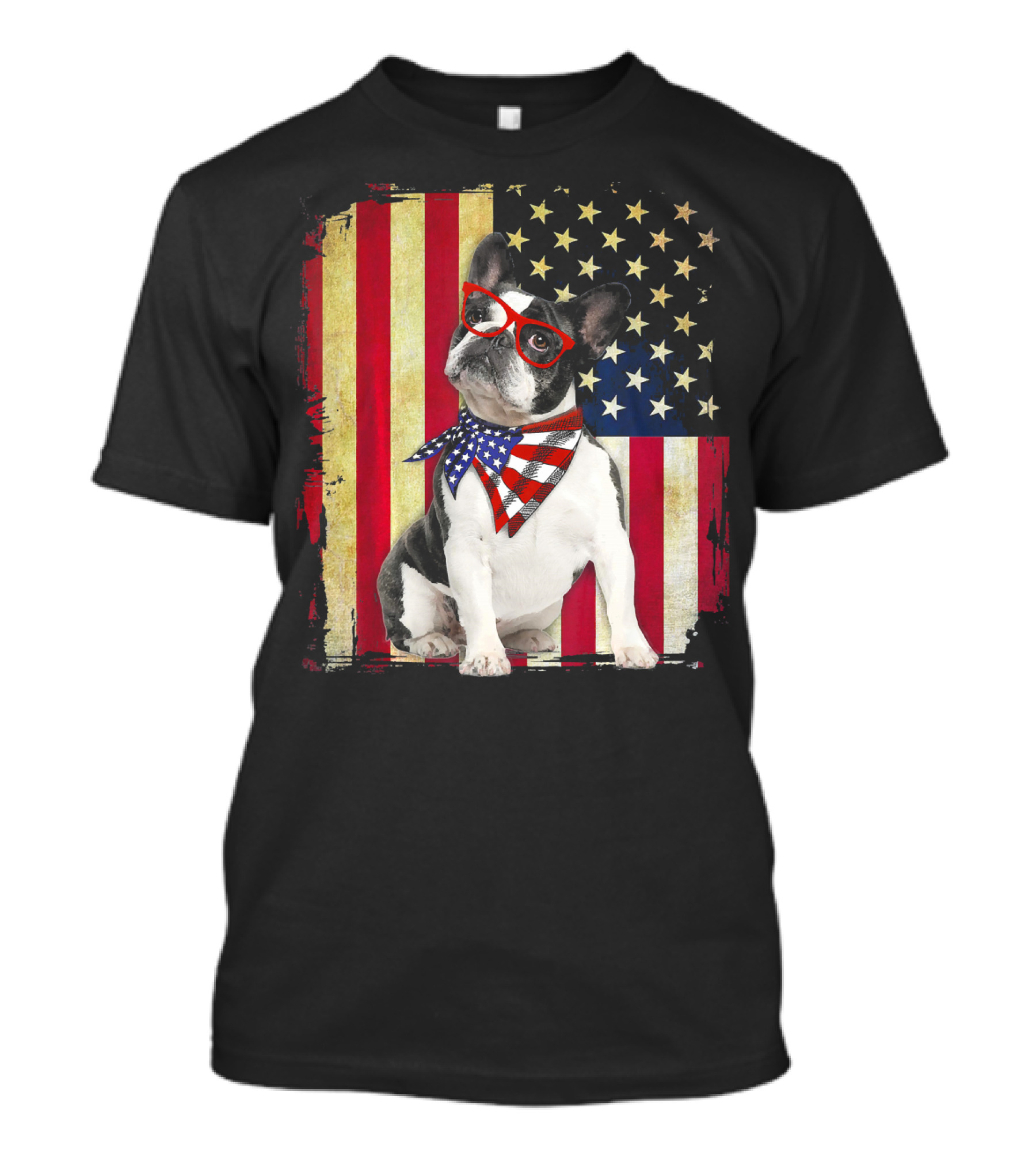 French Bulldog American Flag Stars And Stripes Scarf Glasses T-Shirt