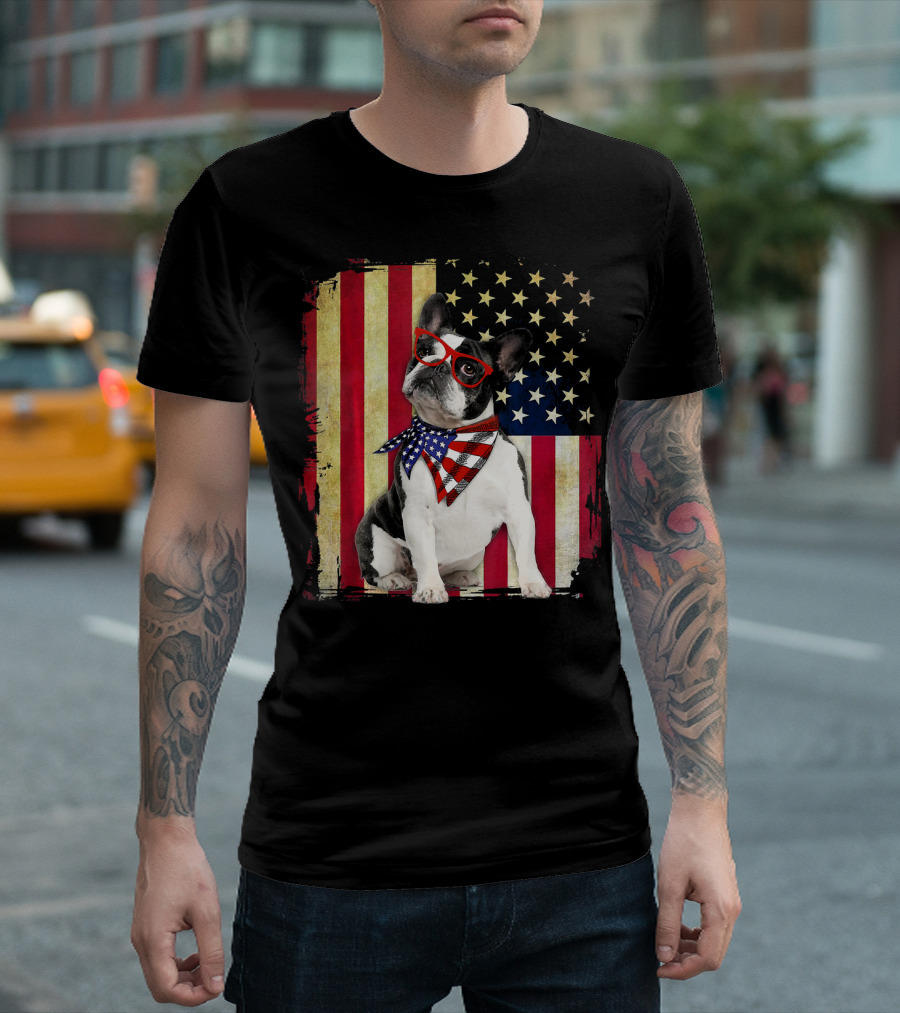 French Bulldog American Flag Stars And Stripes Scarf Glasses T-Shirt