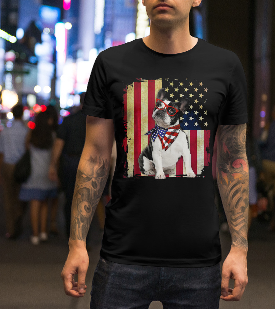 French Bulldog American Flag Stars And Stripes Scarf Glasses T-Shirt
