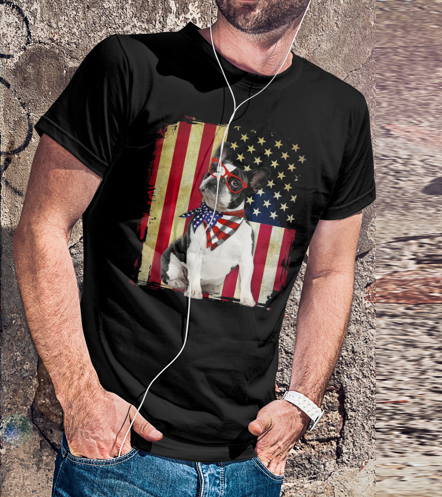 French Bulldog American Flag Stars And Stripes Scarf Glasses T-Shirt