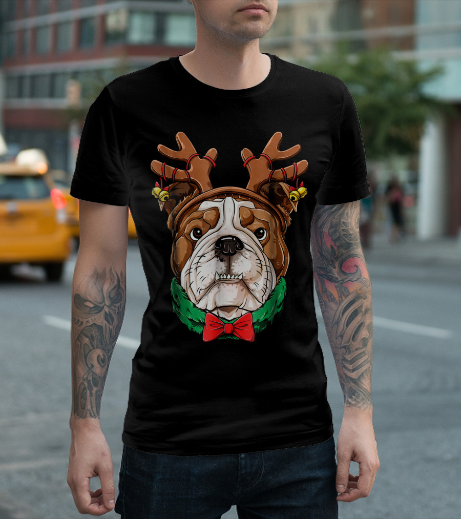 English Bulldog with Christmas Reindeer Antlers and Bow Tie T-Shirt