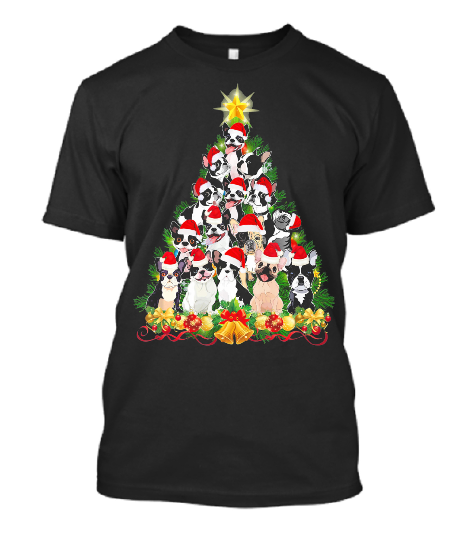 Frenchie Christmas Tree With Cute French Bulldog Santa Hats T-Shirt