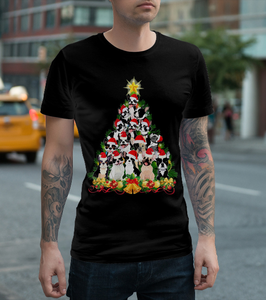 Frenchie Christmas Tree With Cute French Bulldog Santa Hats T-Shirt