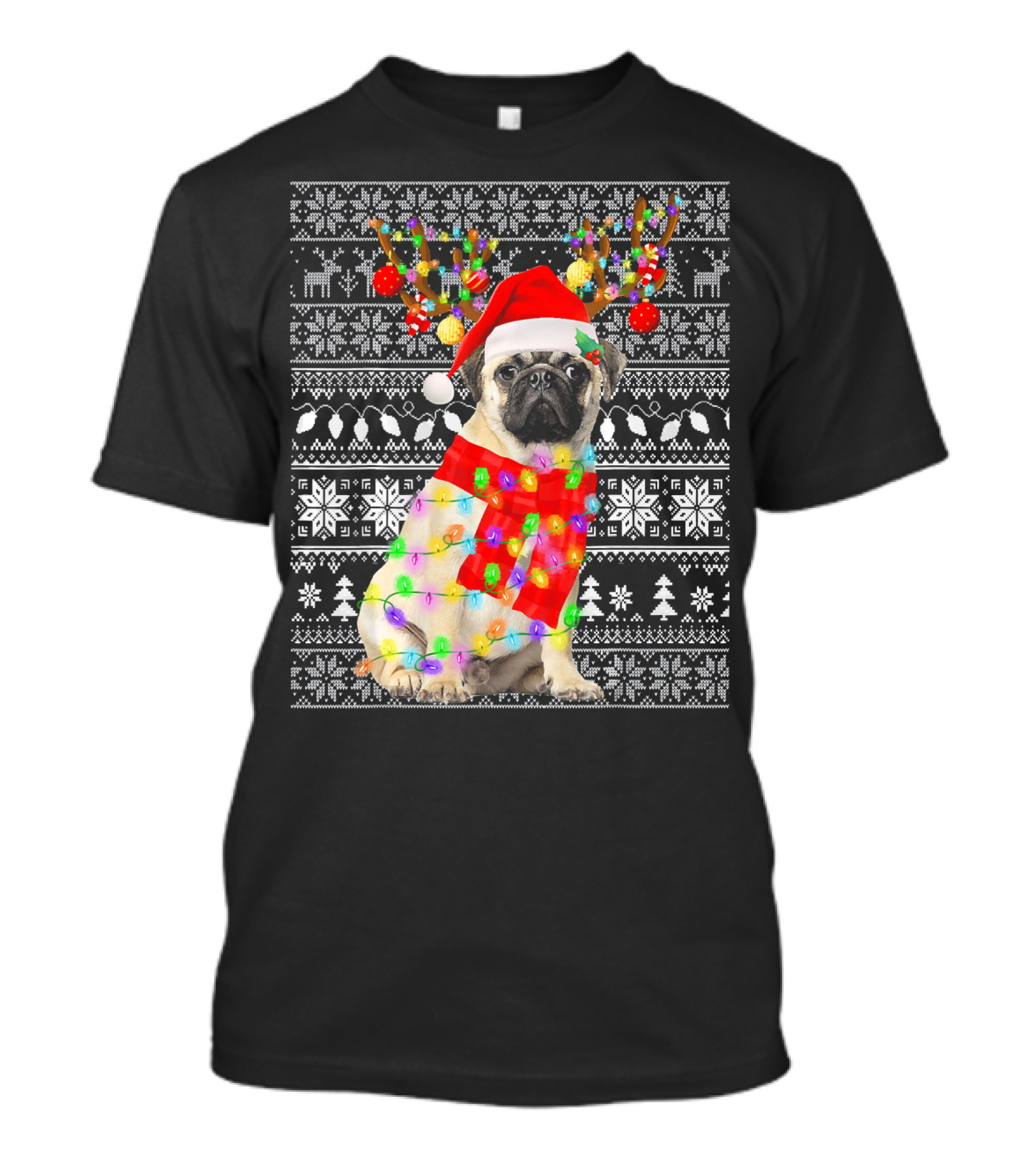Ugly Christmas Pug Reindeer Santa Hat With Lights Festive T-Shirt