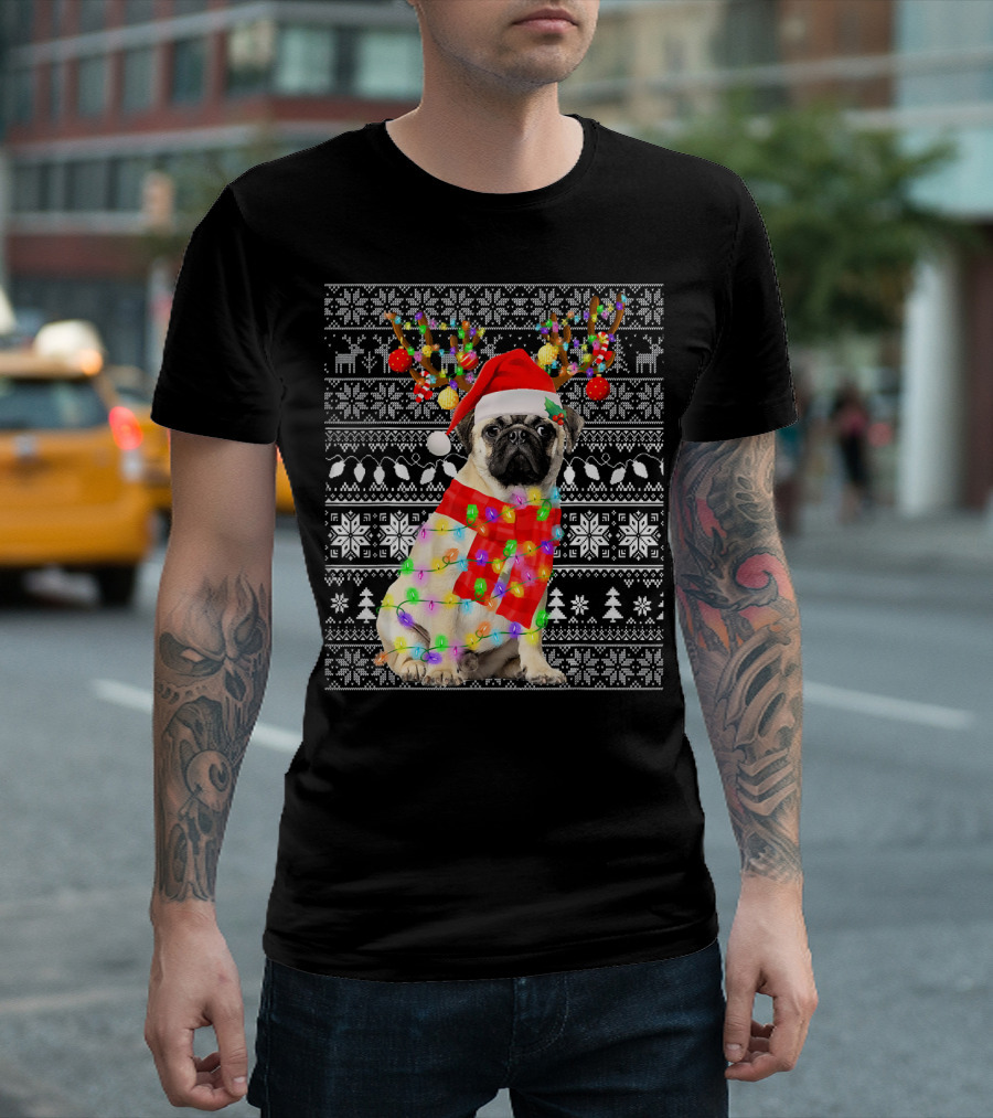 Ugly Christmas Pug Reindeer Santa Hat With Lights Festive T-Shirt