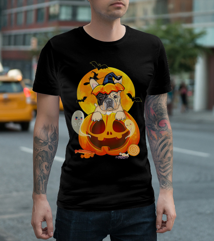 French Bulldog in Witch Pumpkin with Ghosts and Bats Halloween Scene T-Shirt