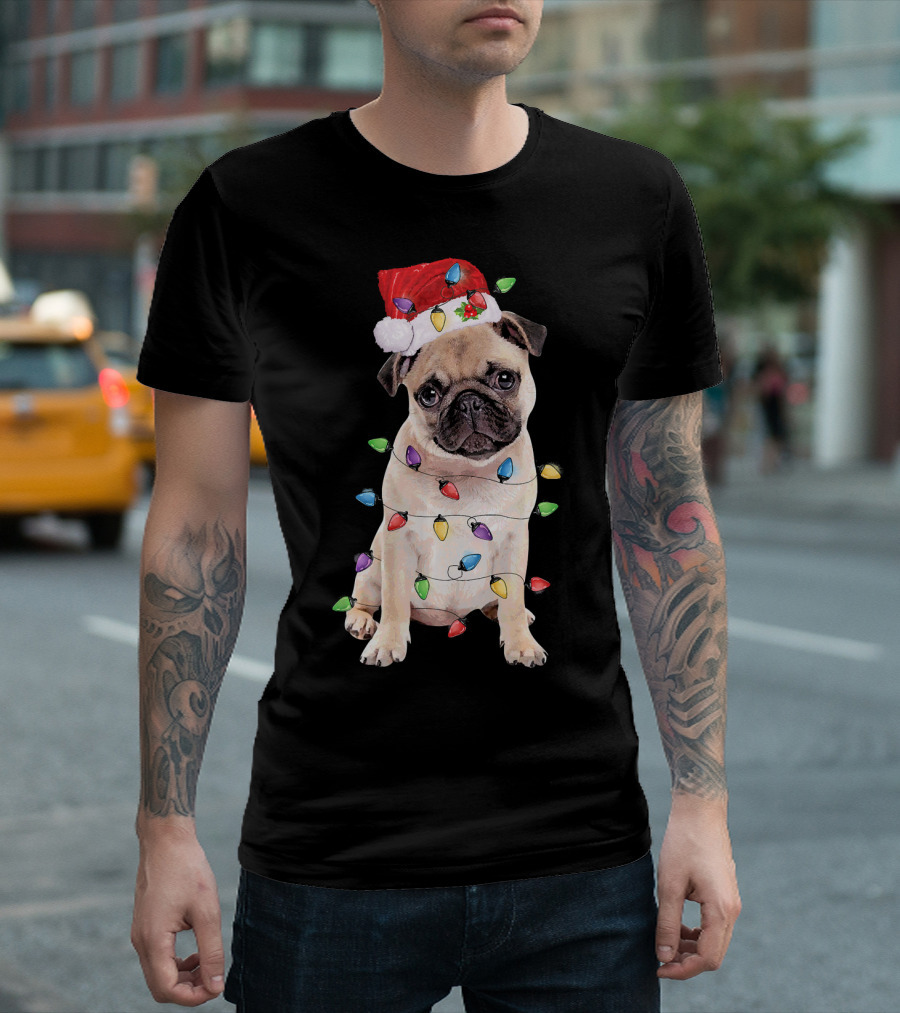 Santa Hat Pug Wrapped in Colorful Christmas Lights T-Shirt