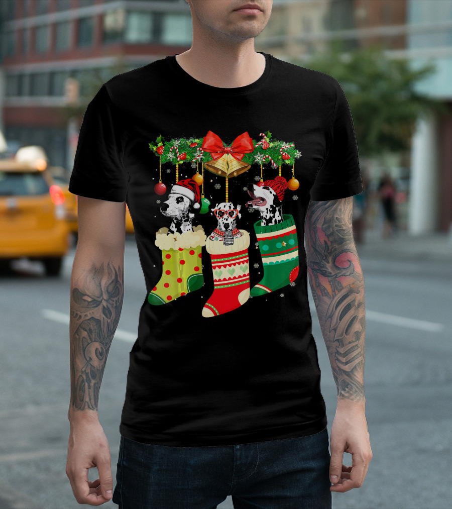 Dalmatian Christmas Stockings with Holiday Bells and Festive Hats T-Shirt