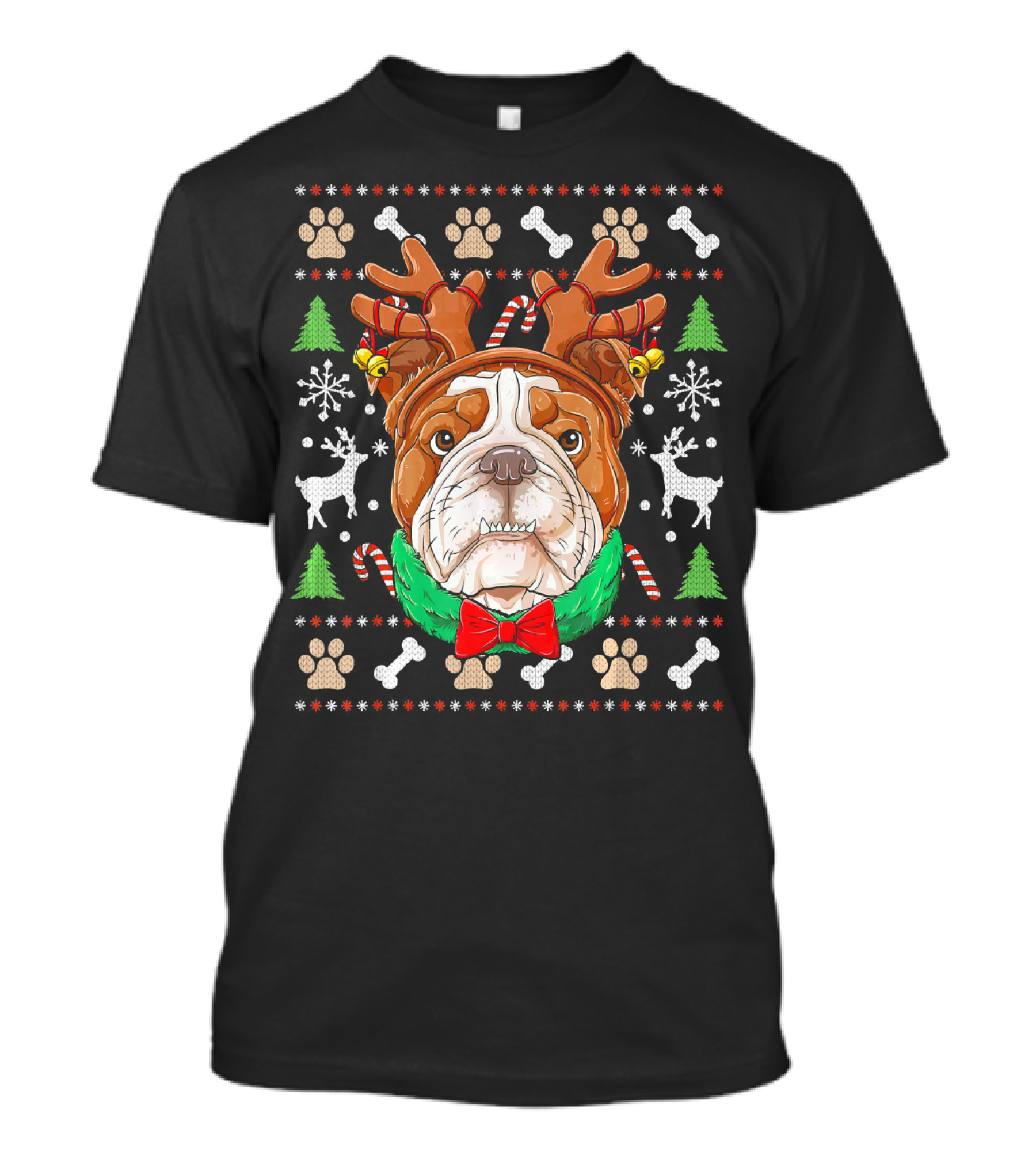 English Bulldog Christmas Reindeer Antlers Ugly Sweater Paws Bones Trees T-Shirt