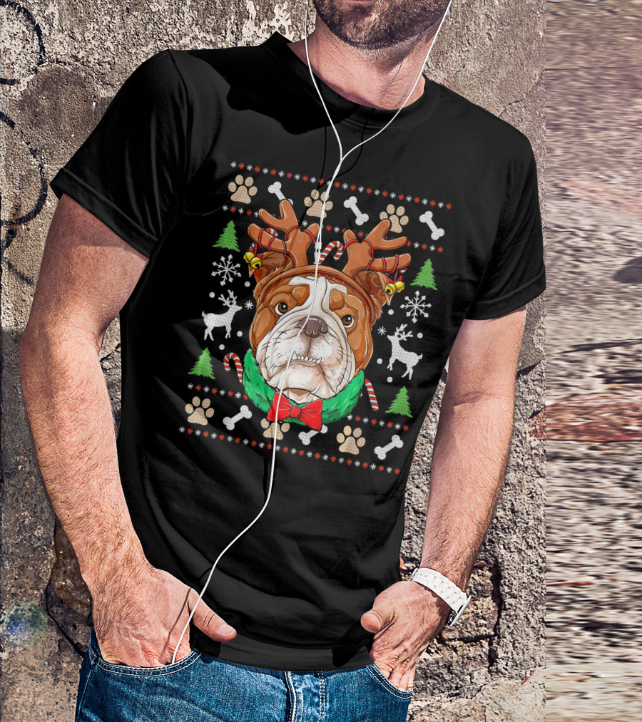 English Bulldog Christmas Reindeer Antlers Ugly Sweater Paws Bones Trees T-Shirt