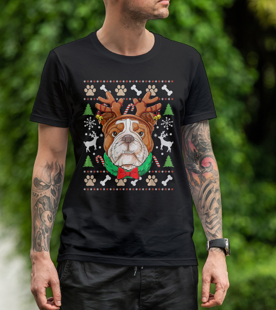 English Bulldog Christmas Reindeer Antlers Ugly Sweater Paws Bones Trees T-Shirt