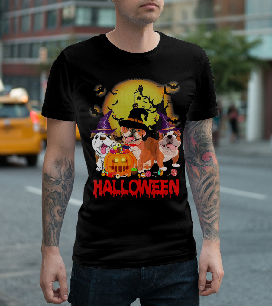 Halloween English Bulldog Witch Moon Pumpkin T-Shirt