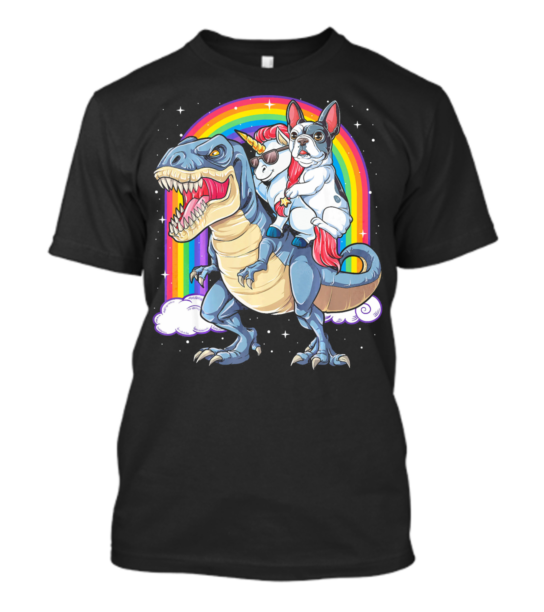 French Bulldog Riding Unicorn On T-Rex Dinosaur With Rainbow T-Shirt