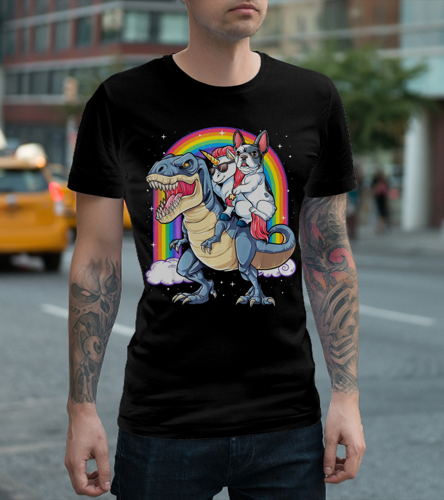French Bulldog Riding Unicorn On T-Rex Dinosaur With Rainbow T-Shirt