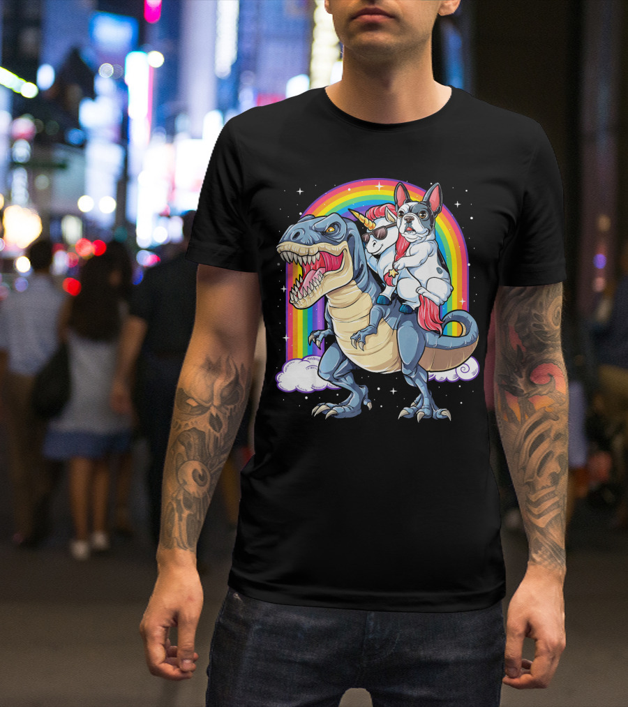 French Bulldog Riding Unicorn On T-Rex Dinosaur With Rainbow T-Shirt