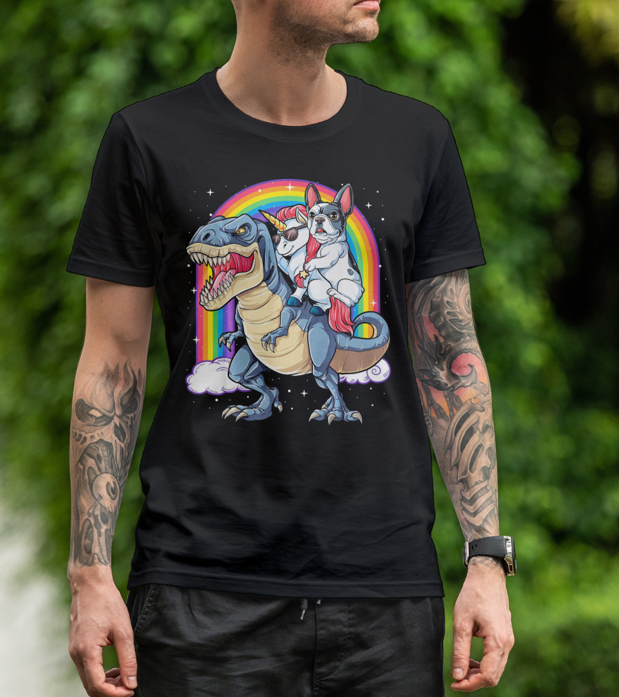 French Bulldog Riding Unicorn On T-Rex Dinosaur With Rainbow T-Shirt