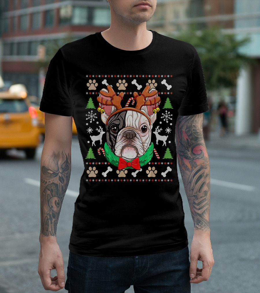 French Bulldog Reindeer Antlers Candy Canes Ugly Christmas T-Shirt