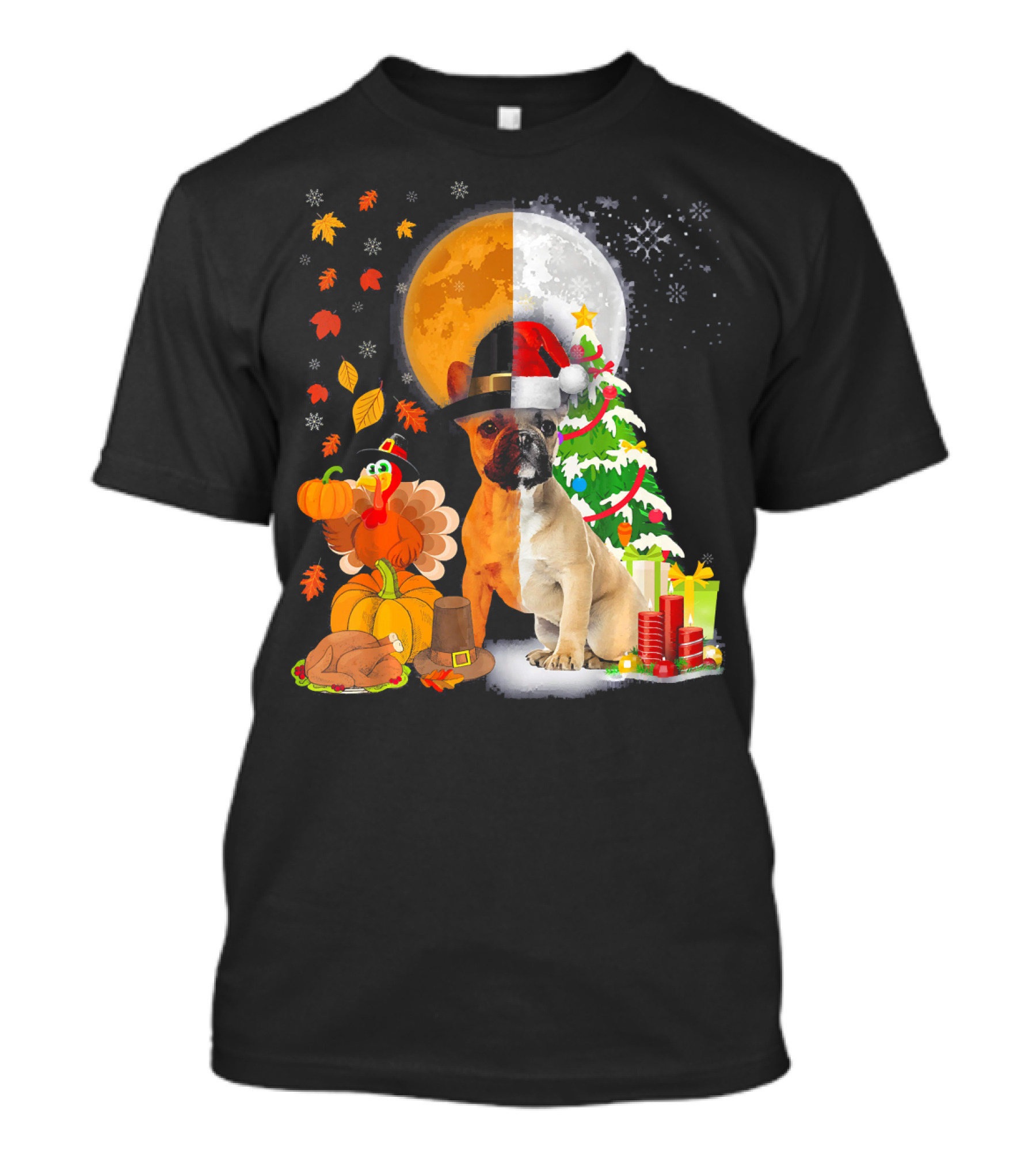 French Bulldog Thanksgiving Christmas Turkey And Santa Hat T-Shirt