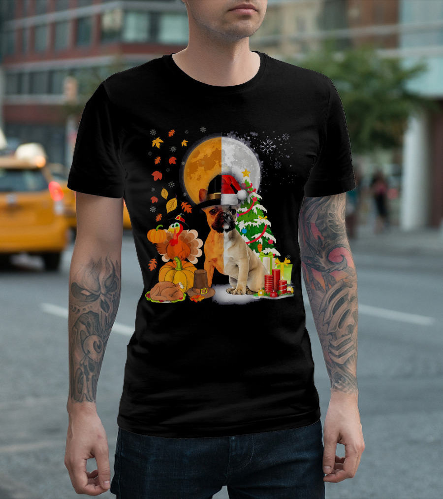 French Bulldog Thanksgiving Christmas Turkey And Santa Hat T-Shirt