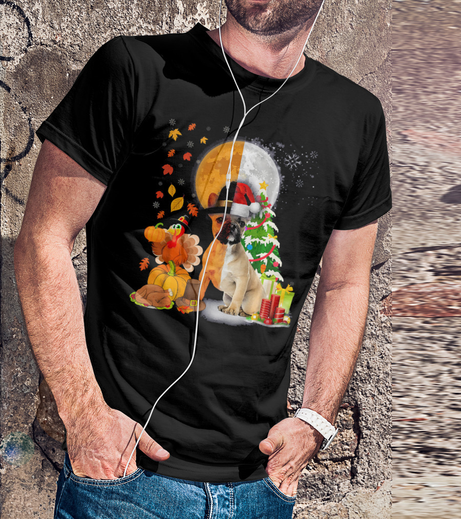 French Bulldog Thanksgiving Christmas Turkey And Santa Hat T-Shirt