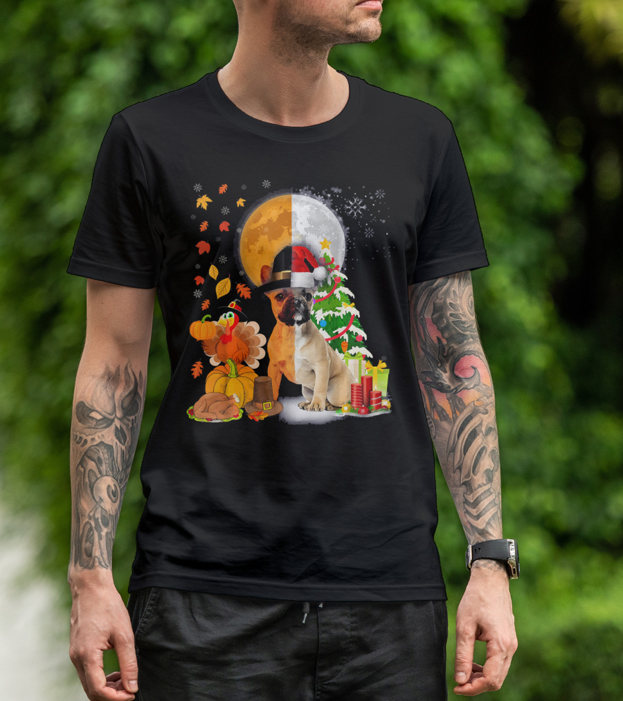 French Bulldog Thanksgiving Christmas Turkey And Santa Hat T-Shirt