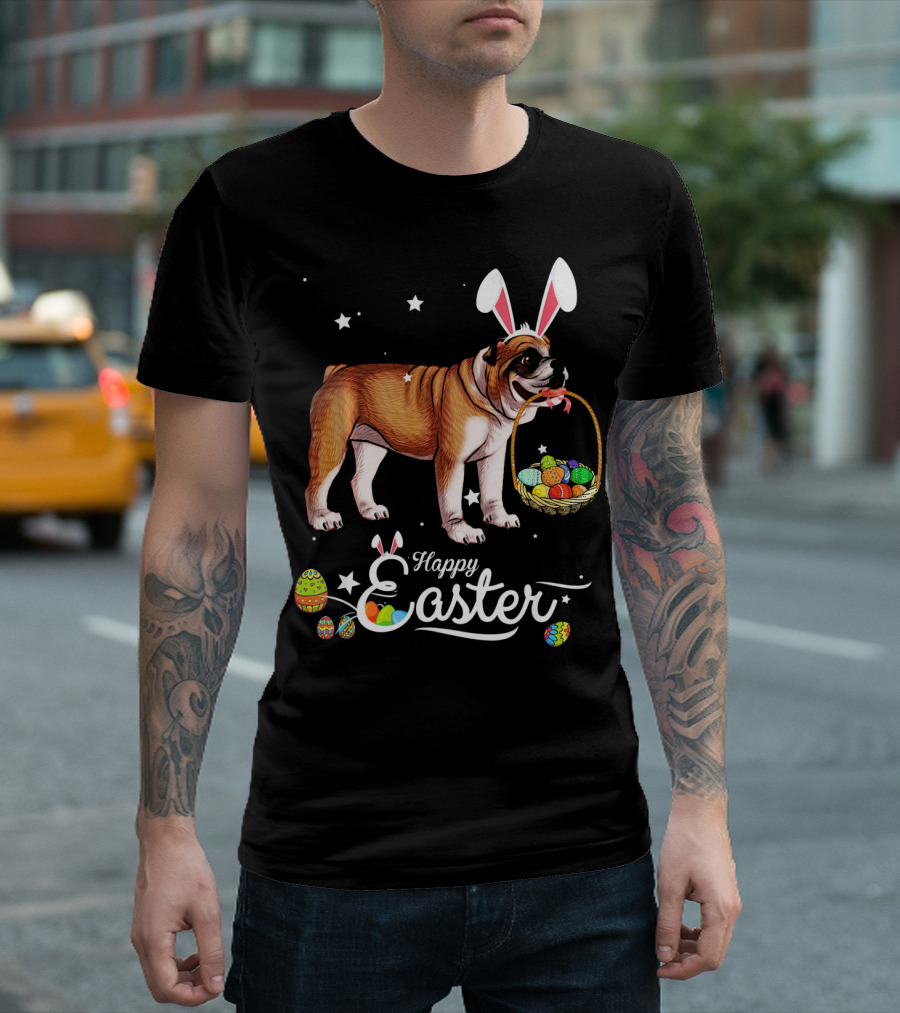 Happy Easter English Bulldog With Bunny Ears And Basket T-Shirt