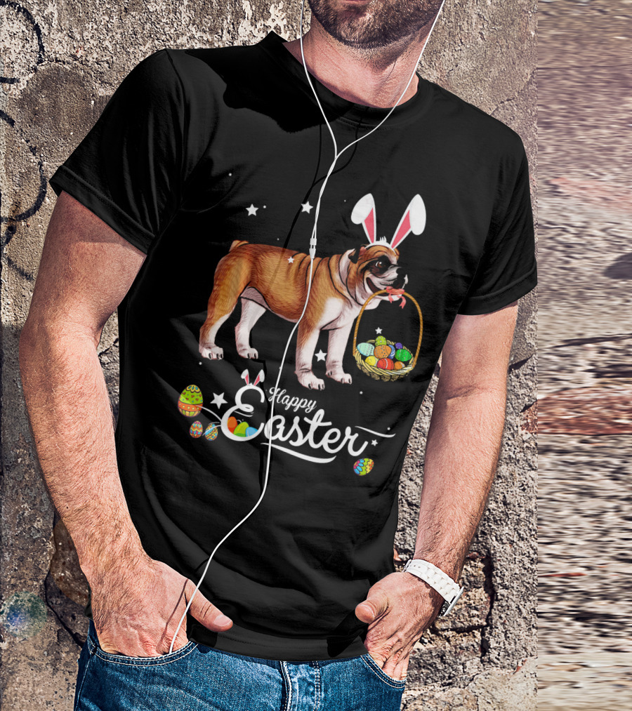 Happy Easter English Bulldog With Bunny Ears And Basket T-Shirt