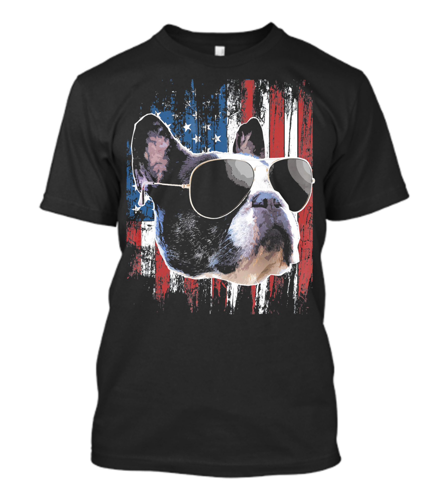 French Bulldog Wearing Sunglasses American Flag Background T-Shirt