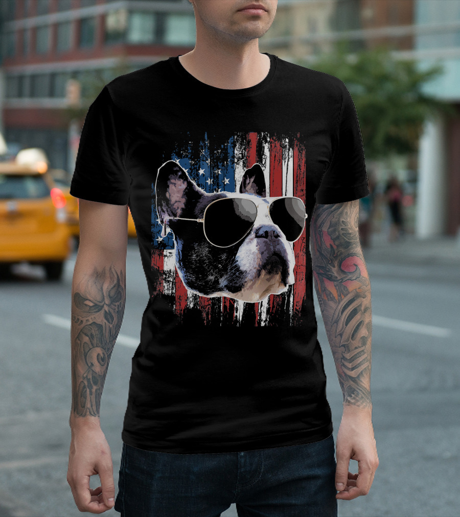 French Bulldog Wearing Sunglasses American Flag Background T-Shirt