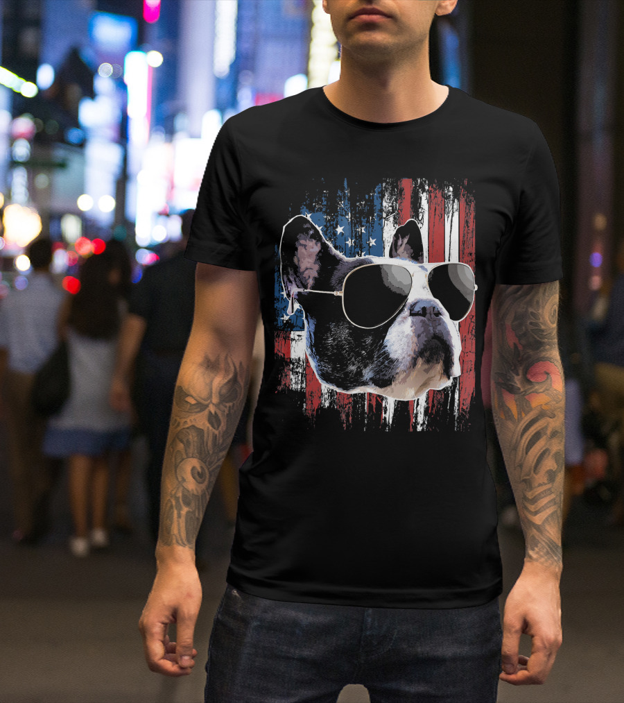 French Bulldog Wearing Sunglasses American Flag Background T-Shirt
