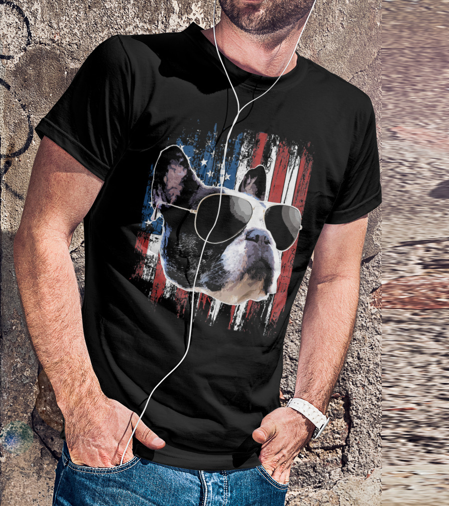 French Bulldog Wearing Sunglasses American Flag Background T-Shirt