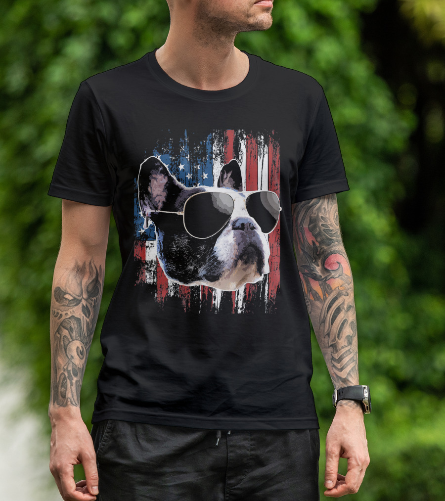 French Bulldog Wearing Sunglasses American Flag Background T-Shirt