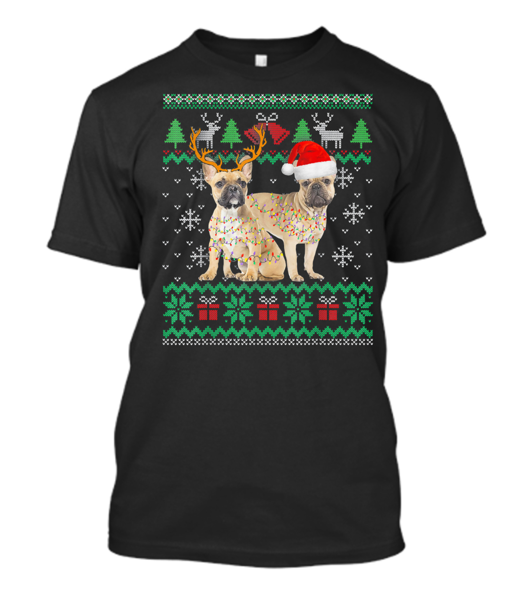 French Bulldog Puppy Ugly Christmas Reindeer And Santa Hat T-Shirt