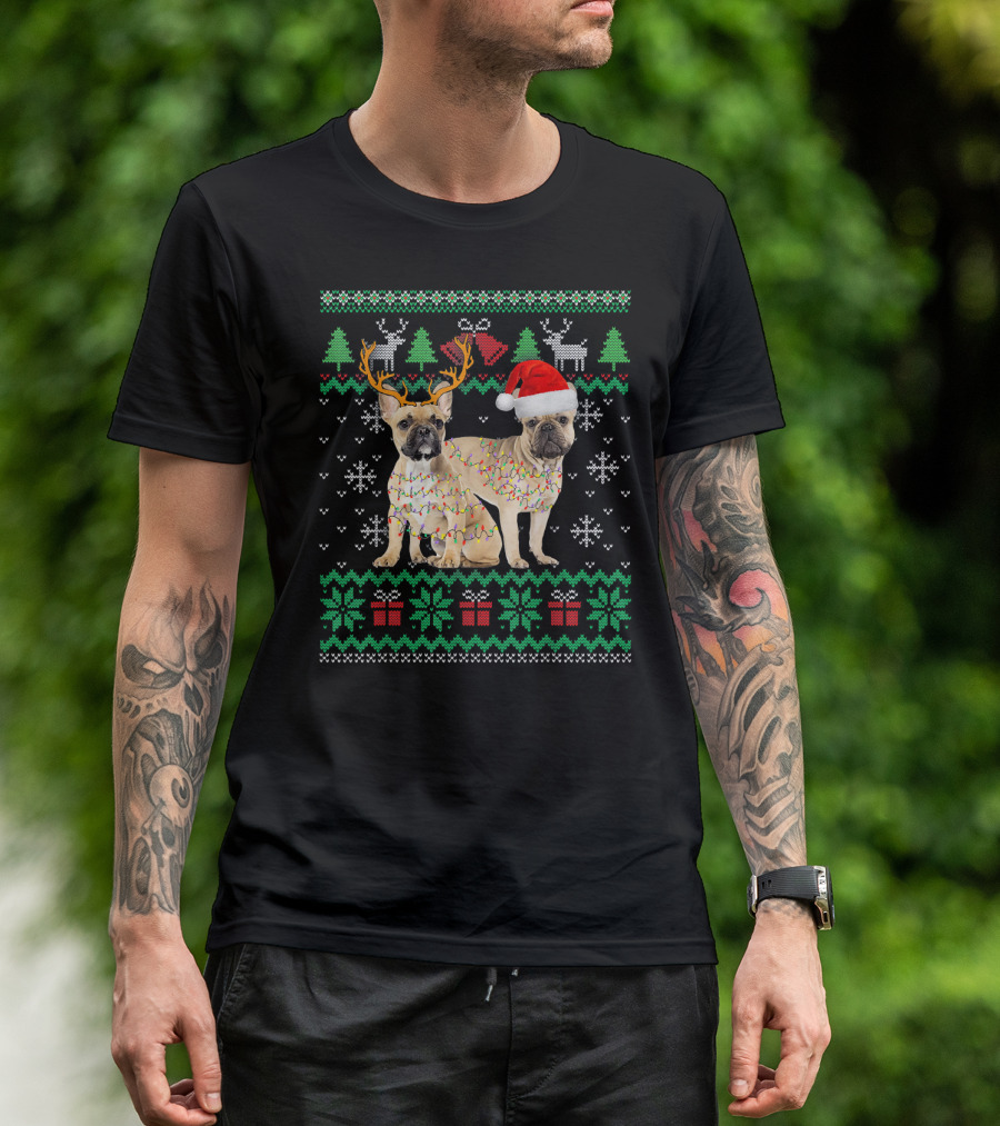 French Bulldog Puppy Ugly Christmas Reindeer And Santa Hat T-Shirt