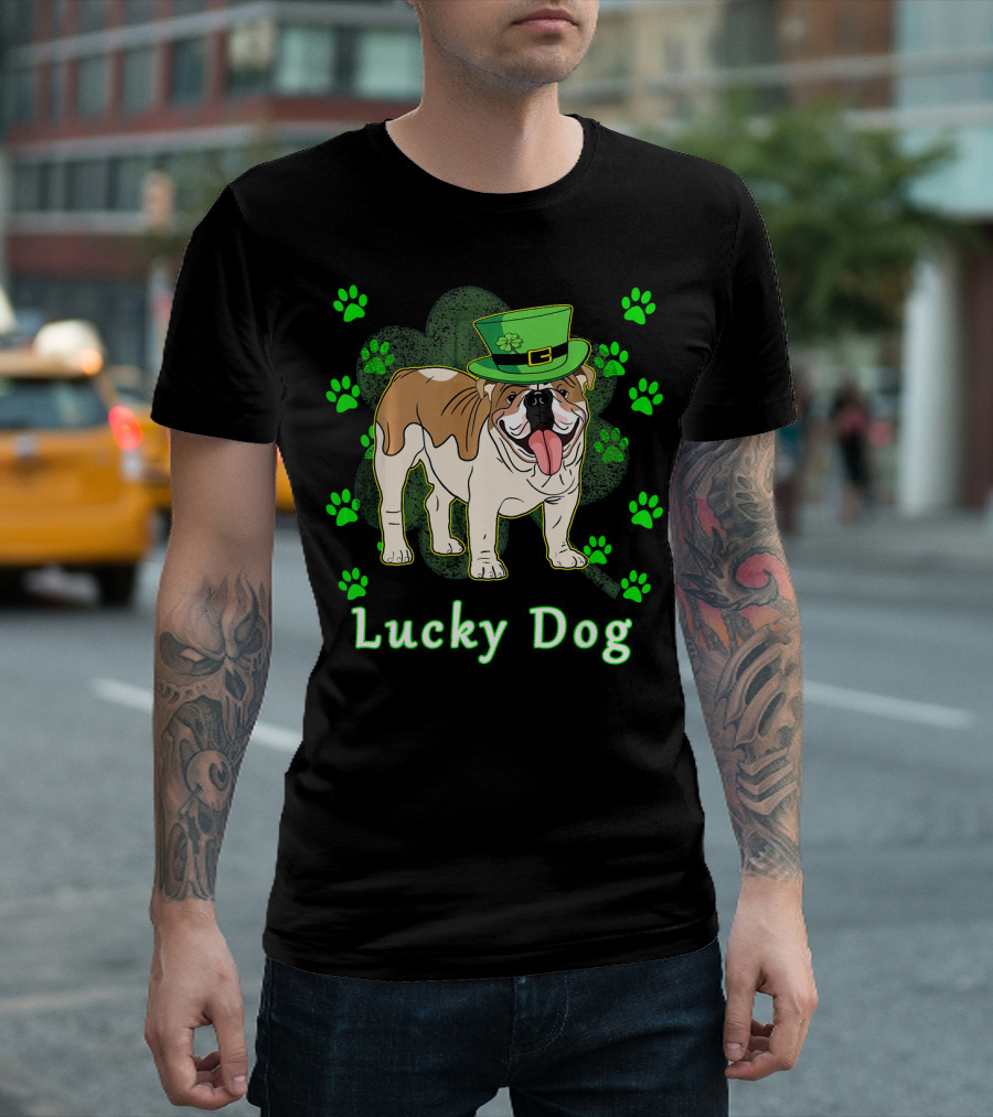Lucky Dog English Bulldog with Shamrock Hat and Paw Prints T-Shirt